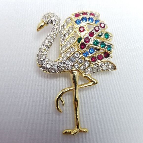 Vintage Colorful Rhinestone Flamingo Bird Shape Brooch, Encrusted Lapel Pin - Picture 5 of 6